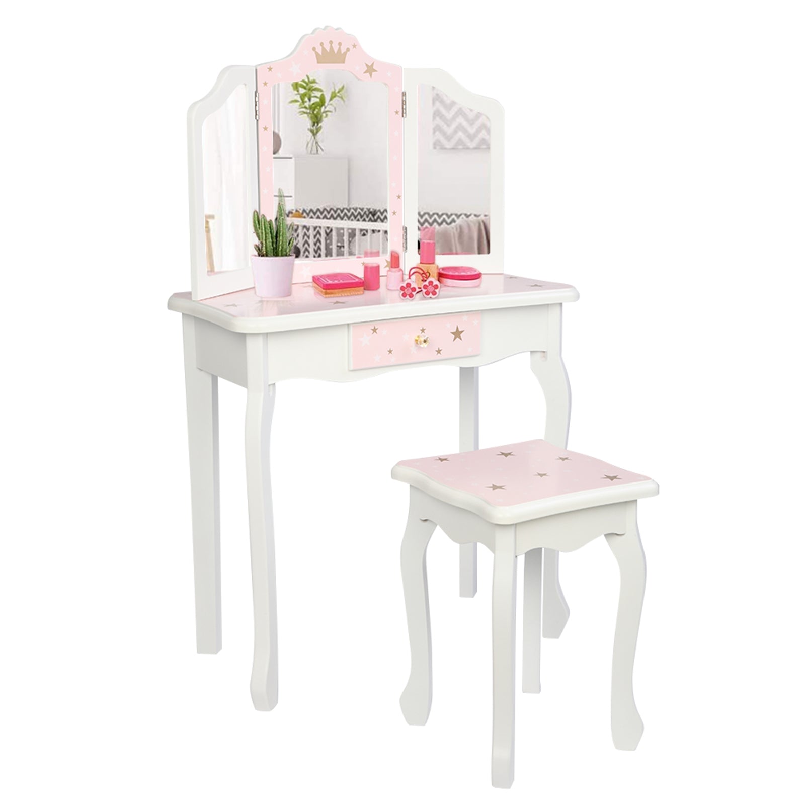 Kids Vanity Wooden Makeup Table and Chair Set - TOYSHIP