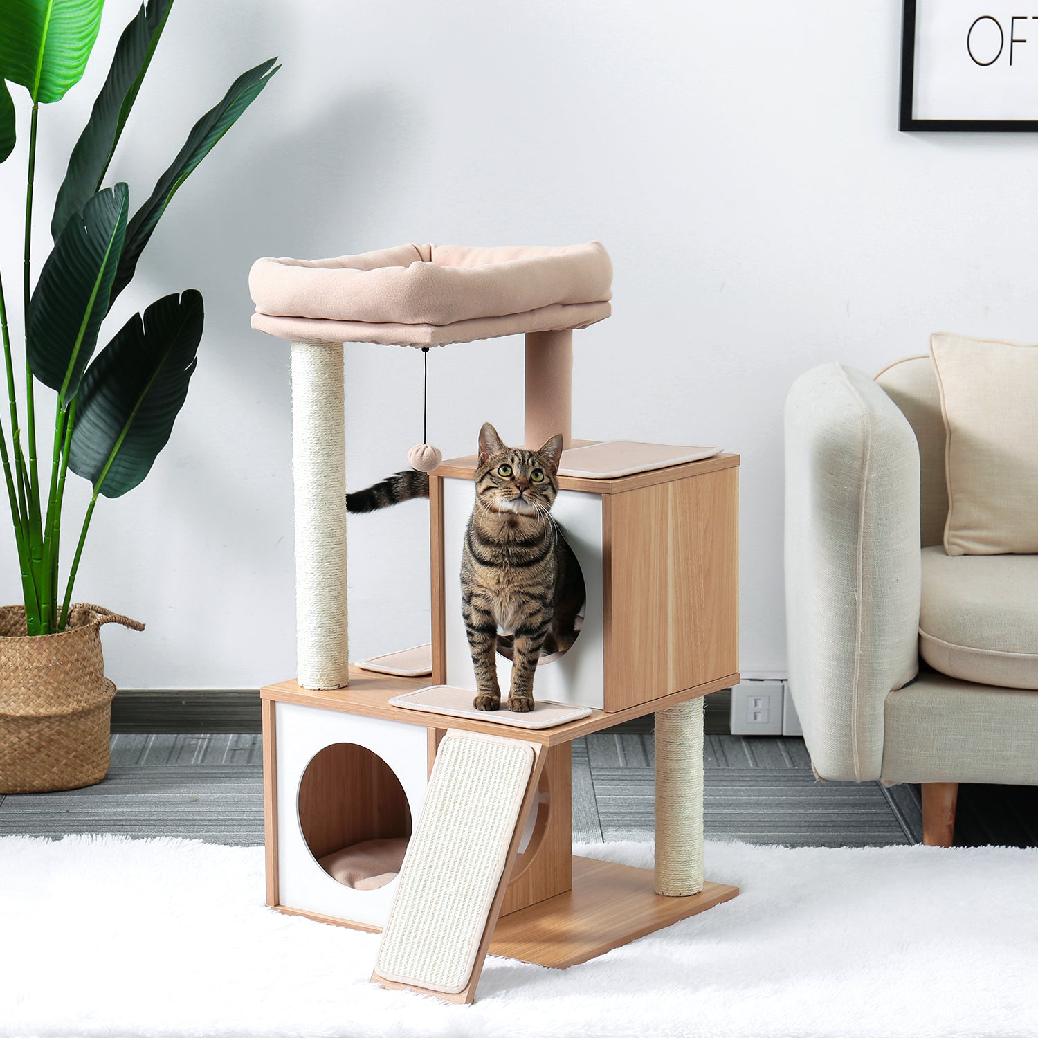 Modern Wood Cat Tree Cat Tower With Double Condos Spacious Perch Sisal Scratching Posts and Replaceable Dangling Balls