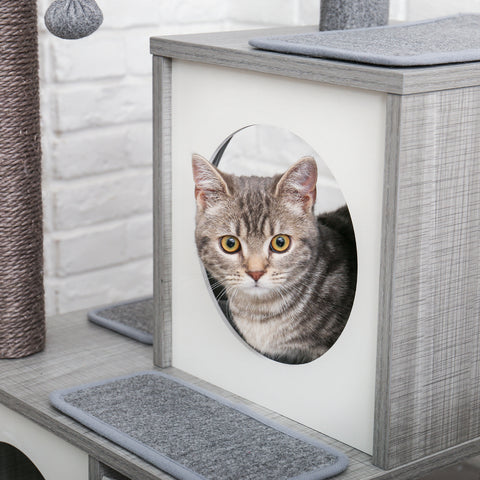 Modern Wood Cat Tree Cat Tower With Double Condos Spacious Perch Sisal Scratching Posts and Replaceable Dangling Balls