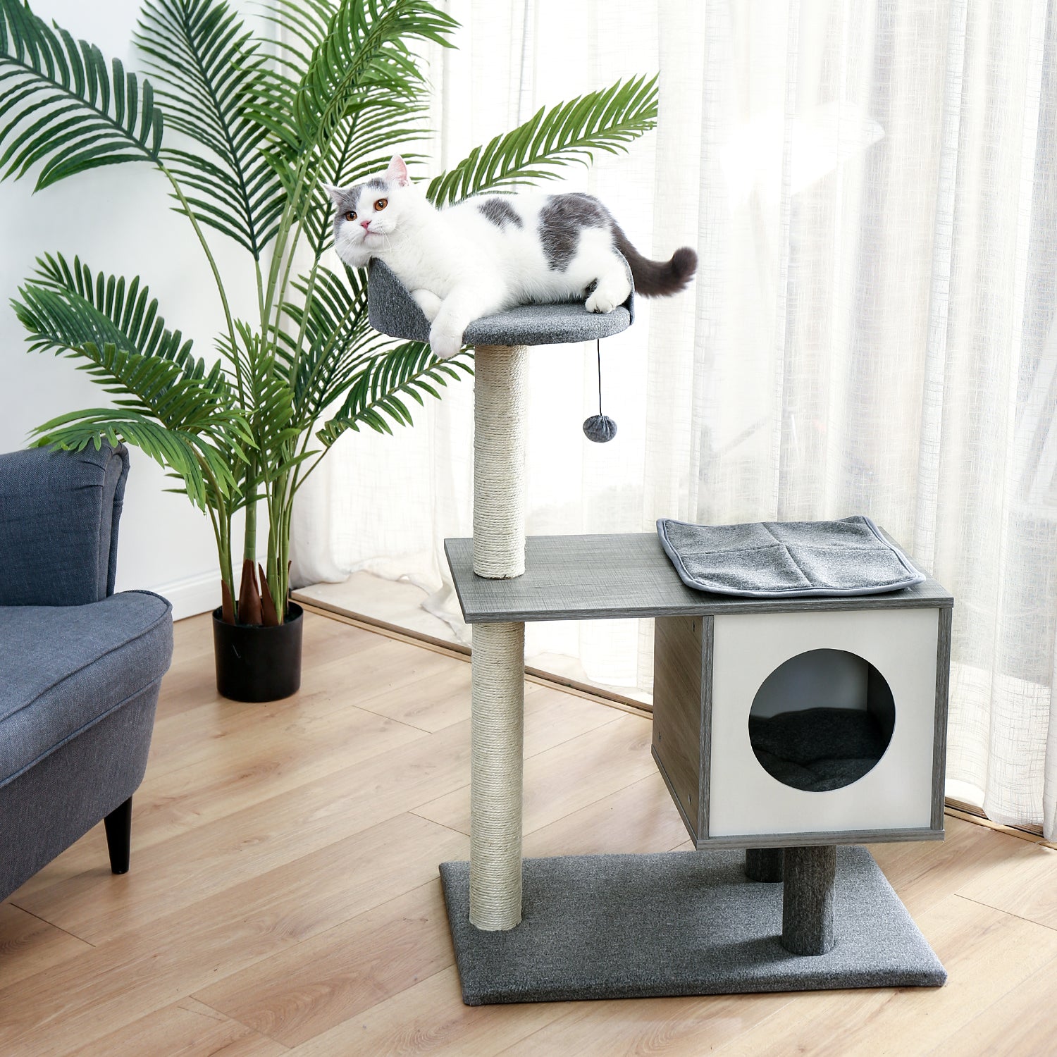 Modern Cat Tree Cat Tower Featuring with Sisal-Covered Scratching Posts, Spacious Condo and Large Perch Grey