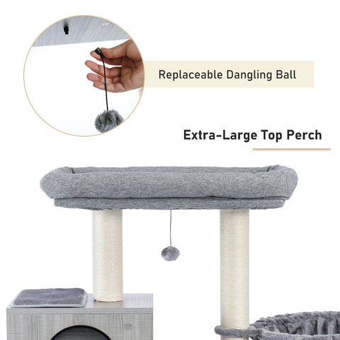 All-in-One Modern Cat Tree Varied Styles Cat Tower with Fully Wrapped Sisal Scratching Posts and Plush Hammock, Cozy Perches