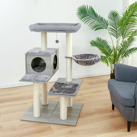 All-in-One Modern Cat Tree Varied Styles Cat Tower with Fully Wrapped Sisal Scratching Posts and Plush Hammock, Cozy Perches - TOYSHIP