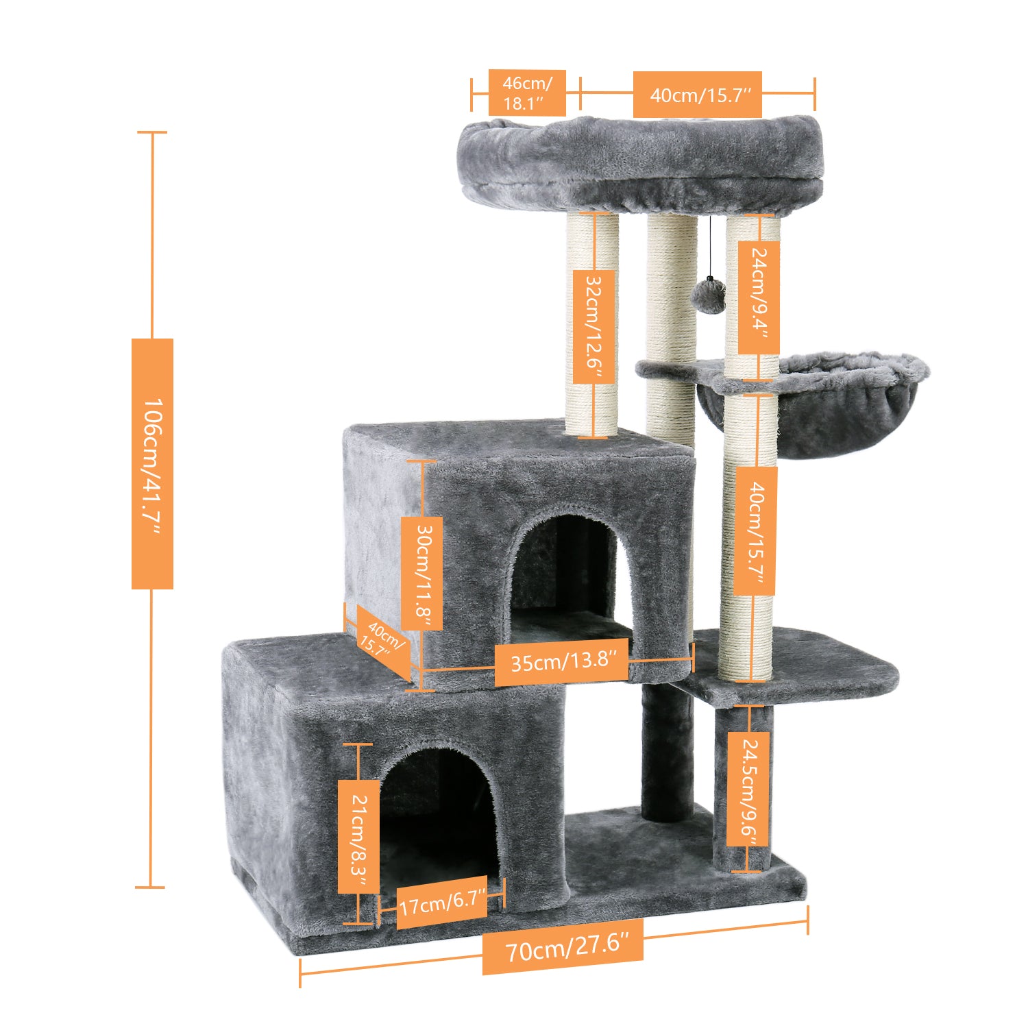 Luxury Cat Tree with Double Spacious Condos Perch, Hammock, Scratching Post and Dangling Ball - TOYSHIP