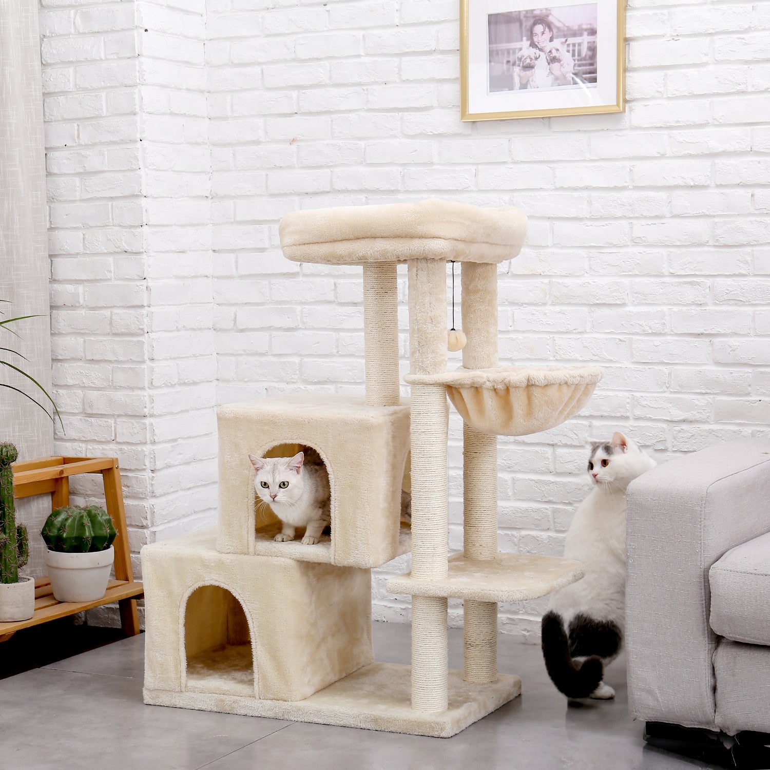 Luxury Cat Tree with Double Spacious Condos Perch, Hammock, Scratching Post and Dangling Ball