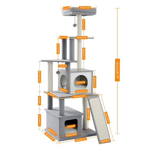 Modern Wood Cat Tree Tower With Scratching Posts, 2 Condos And Top Perch For Small&Medium Cat Grey