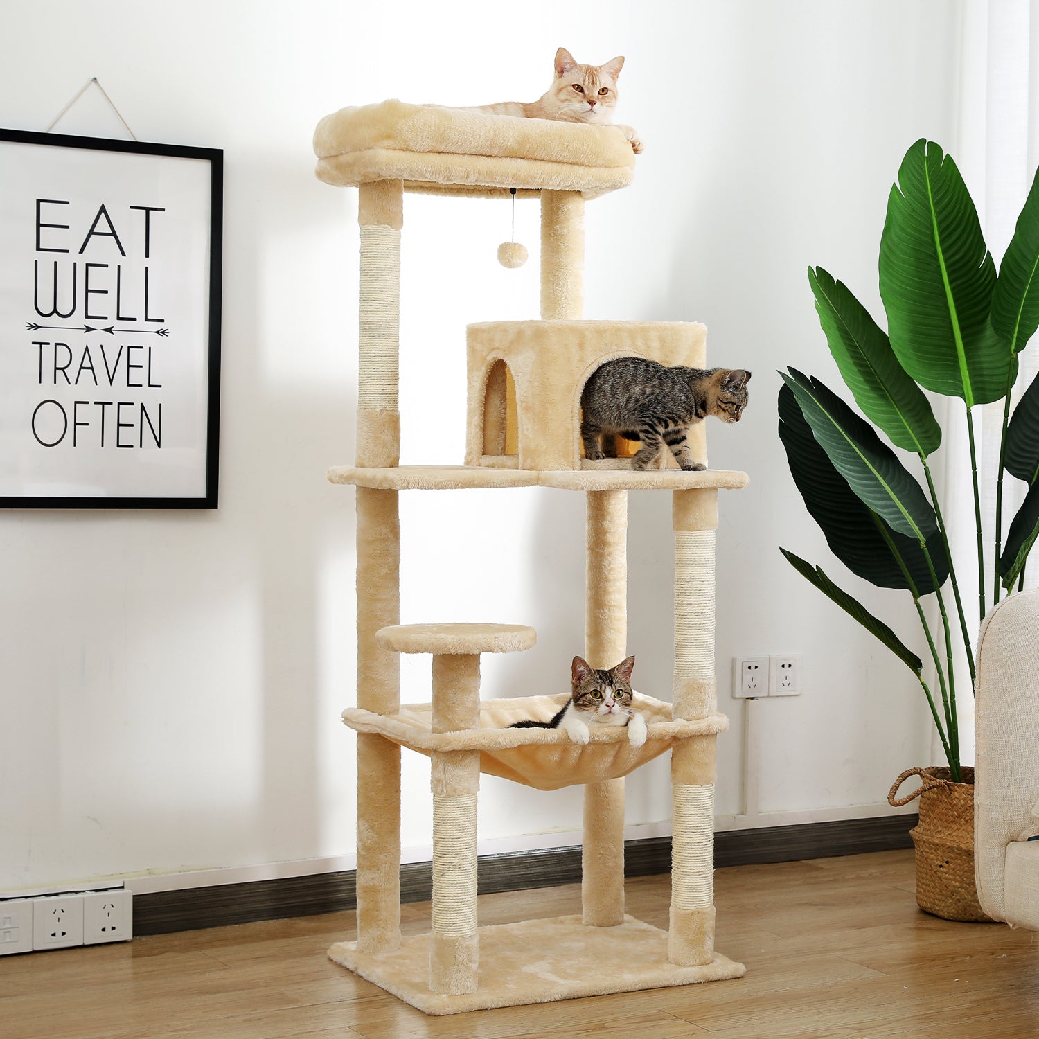 Luxury Cat Tree Cat Tower with Sisal Scratching Post, Cozy Condo, Top Perch, Hammock and Dangling Ball