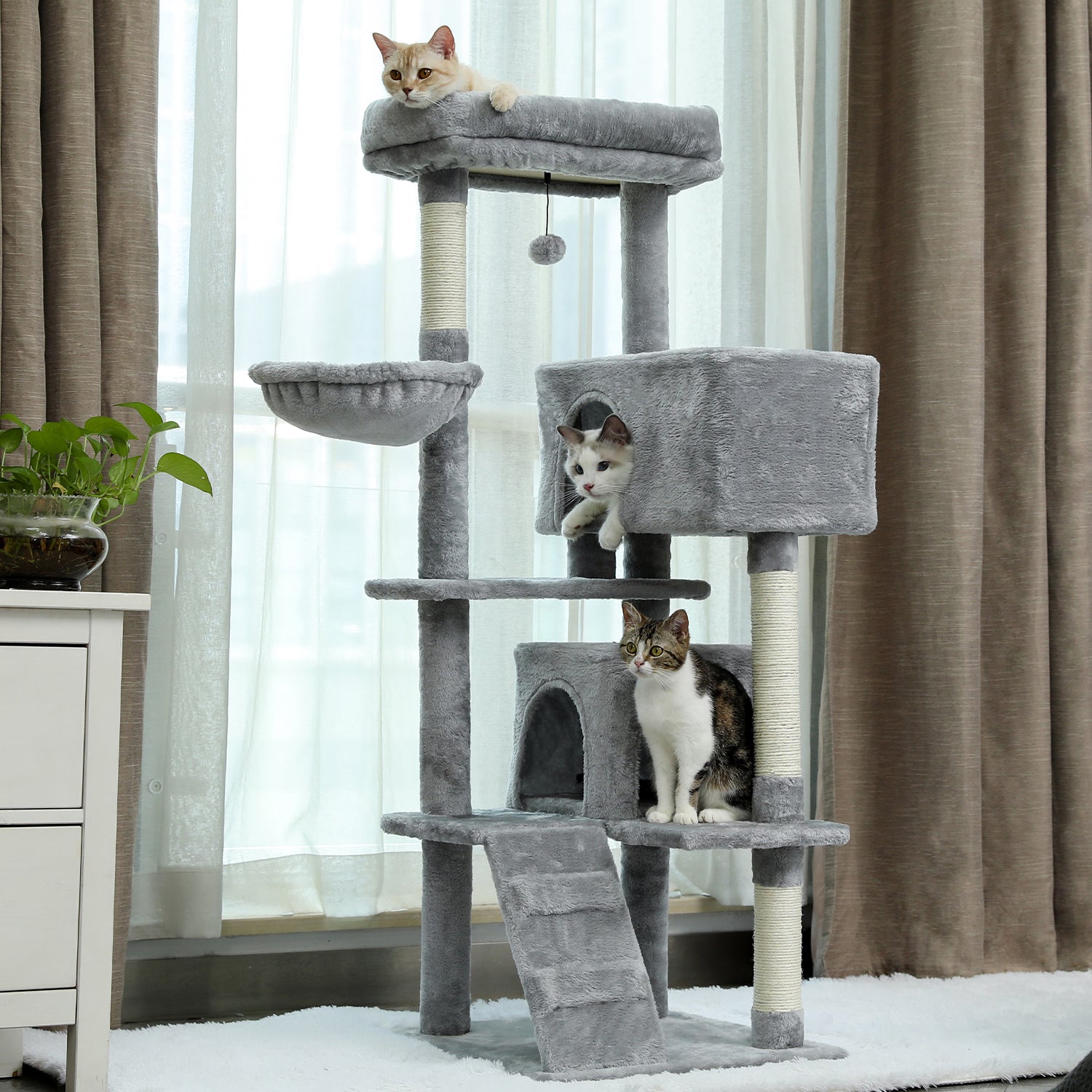 Multi-functional Cat Tree Tower with Sisal Scratching Post, 2 Cozy Condos, Top Perch, Hammock, Climbing ladder and Dangling Ball