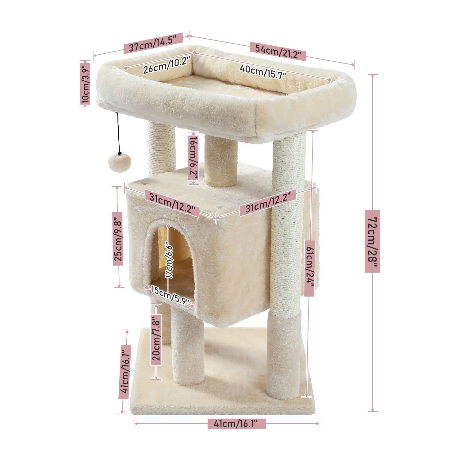 Modern Small Cat Tree Cat Tower with Sisal Scratching Post, Cozy Condo, Top Perch and Dangling Ball