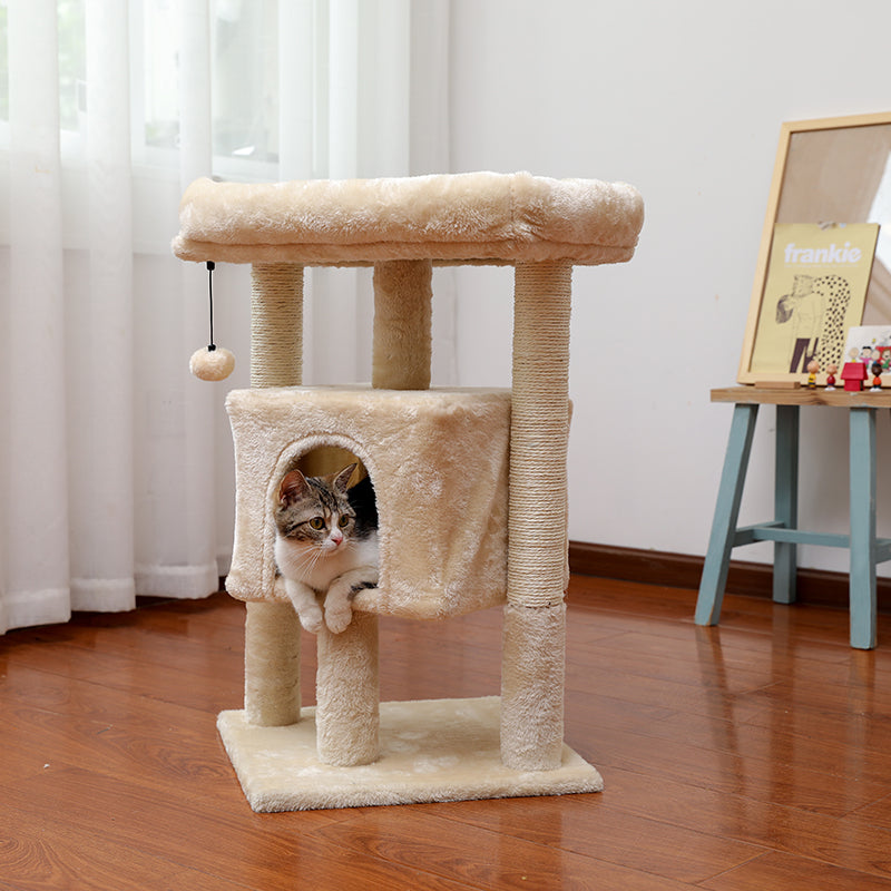 Modern Small Cat Tree Cat Tower with Sisal Scratching Post, Cozy Condo, Top Perch and Dangling Ball