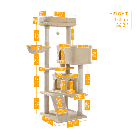 Multi-functional Cat Tree Tower with Sisal Scratching Post, 2 Cozy Condos, Top Perch, Hammock, Climbing ladder and Dangling Ball