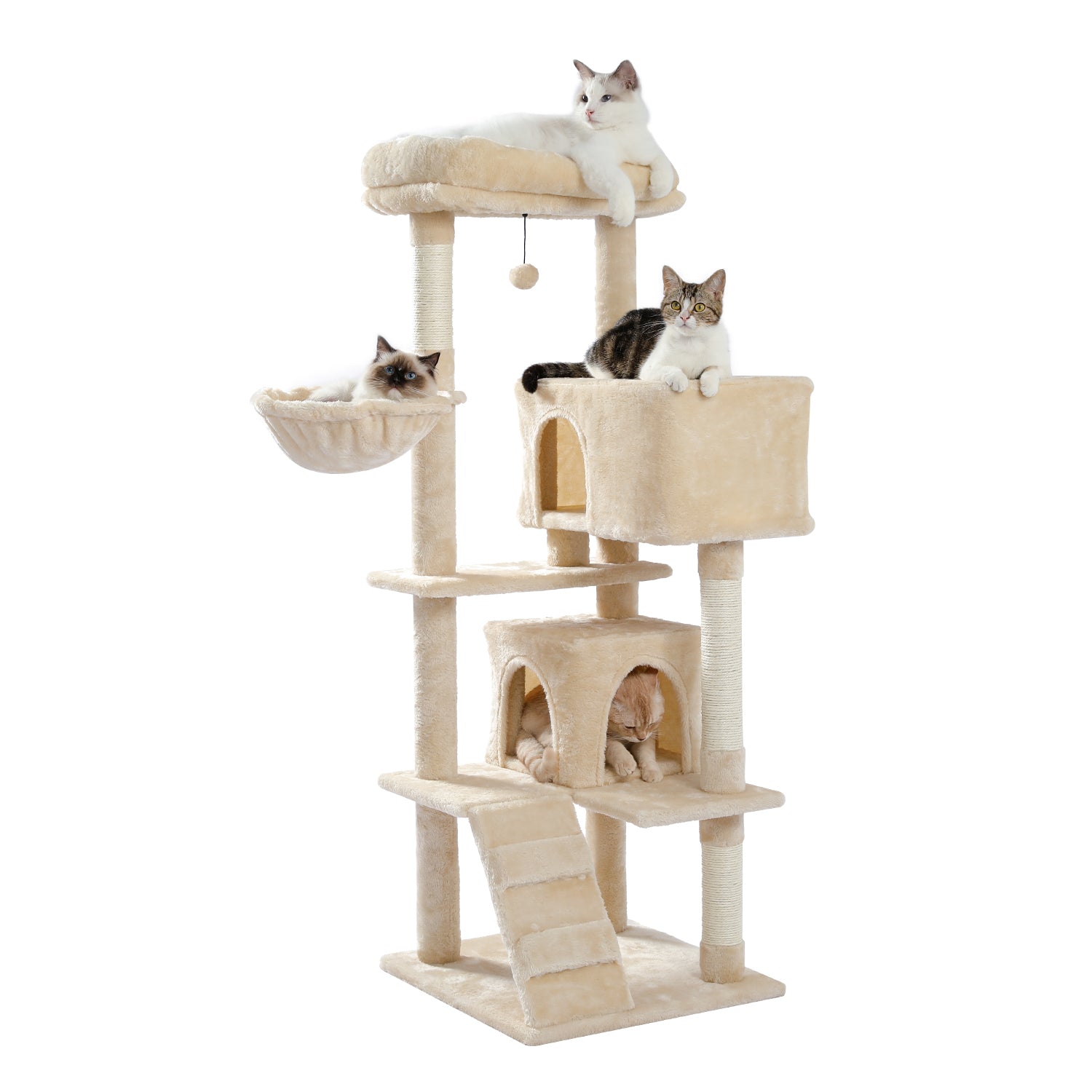 Multi-functional Cat Tree Tower with Sisal Scratching Post, 2 Cozy Condos, Top Perch, Hammock, Climbing ladder and Dangling Ball - TOYSHIP