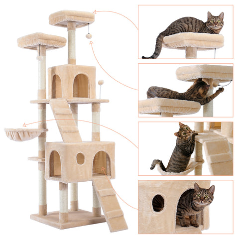 Cat Tree With Scratching Posts Natural Sisals,Kitten Play House With 2 Condos Spacious Perches Cat Climbing Tower Furniture