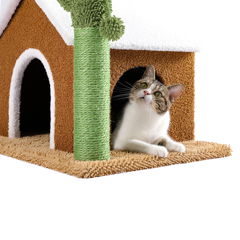 2 in 1 Cactus Cat Tree Cat Scratching Post with Spacious Condo and Dangling Ball - TOYSHIP