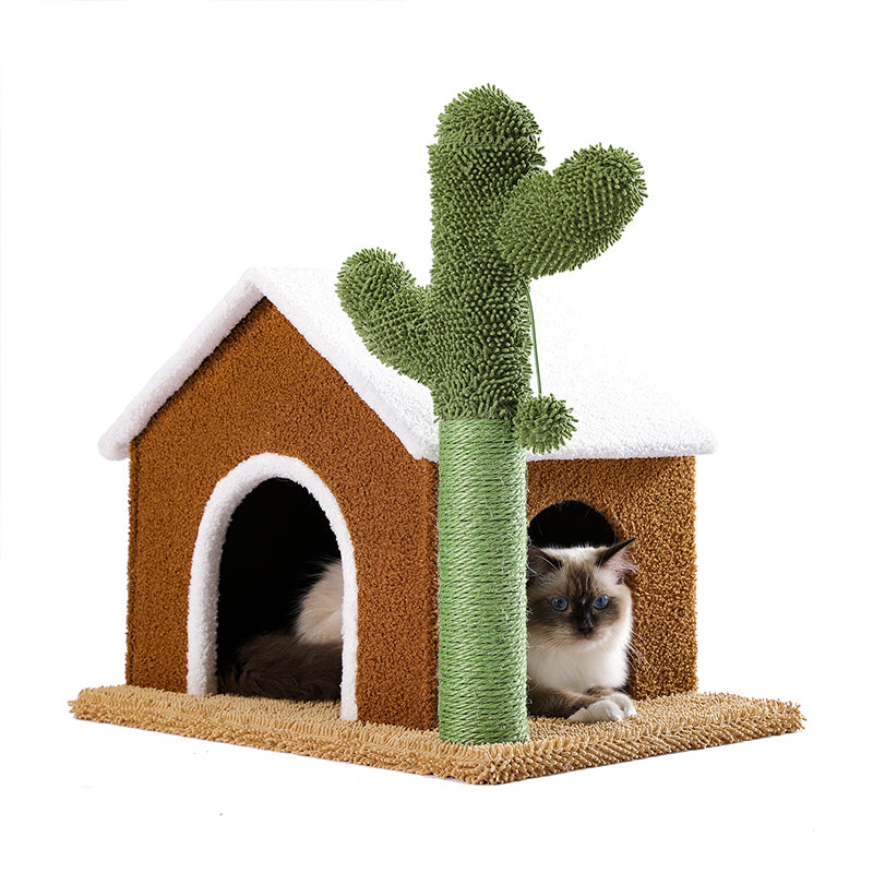 2 in 1 Cactus Cat Tree Cat Scratching Post with Spacious Condo and Dangling Ball - TOYSHIP