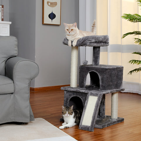 Modern Grey Small Cat Tree Tower with Double Condos, Spacious Perch, Sisal Scratching Posts, Climbing Ladder, and Replaceable Dangling Balls for Cats