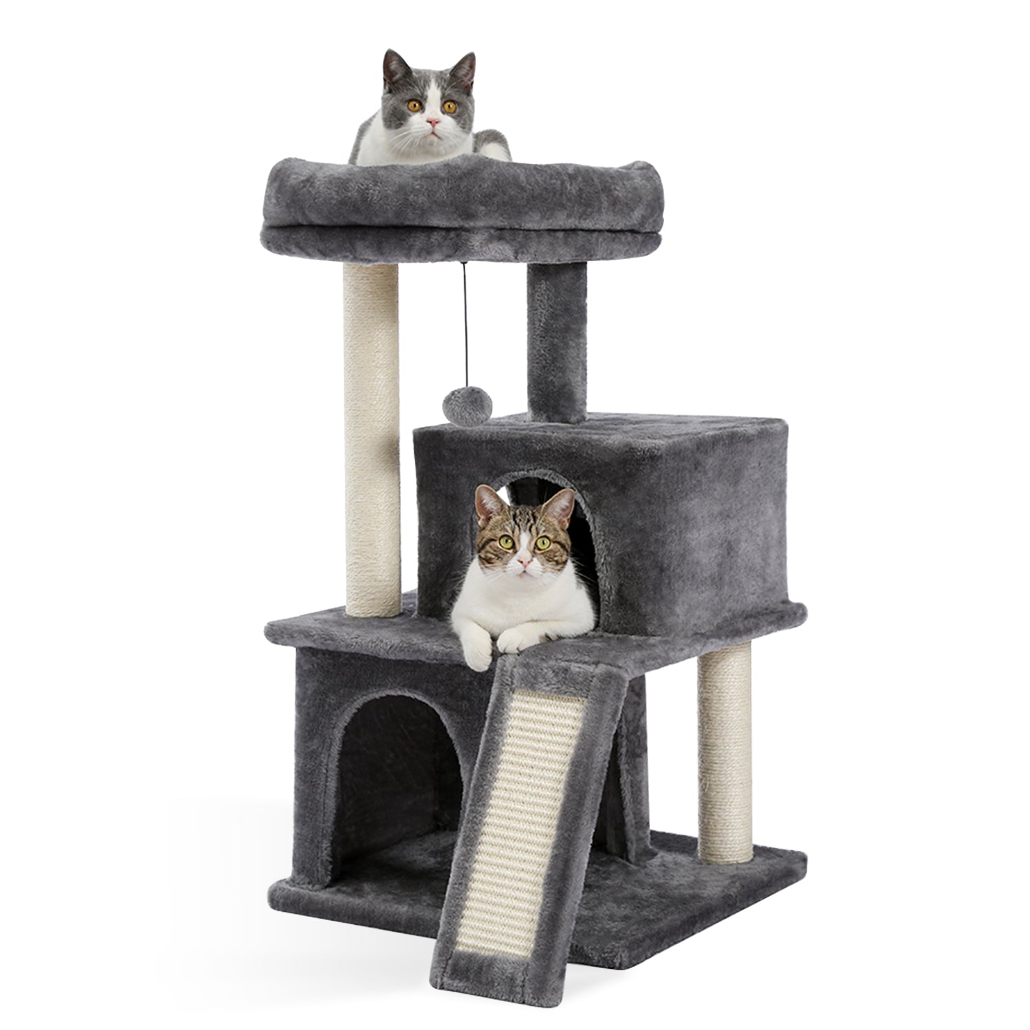 Modern Grey Small Cat Tree Tower with Double Condos, Spacious Perch, Sisal Scratching Posts, Climbing Ladder, and Replaceable Dangling Balls for Cats - TOYSHIP