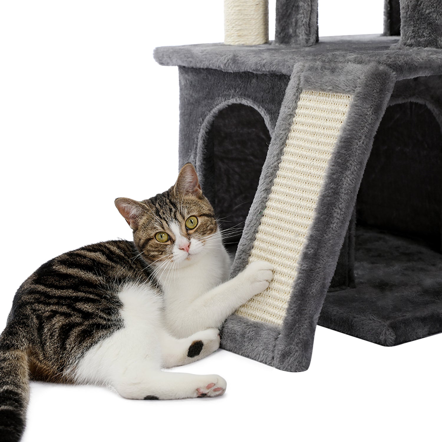 Modern Grey Small Cat Tree Tower with Double Condos, Spacious Perch, Sisal Scratching Posts, Climbing Ladder, and Replaceable Dangling Balls for Cats - TOYSHIP