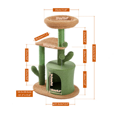 Cactus Cat Tree Cat Tower with Warmy Condo, Plush Perches, Sisal Scratching Post and Fluffy Balls for Small and Medium Cats