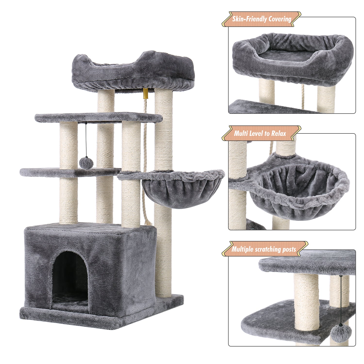 Multi-Level Cat Tree Tower Furniture with Sisal-Covered Scratching Posts, Bigger Hammock and Deluxe Perch - TOYSHIP