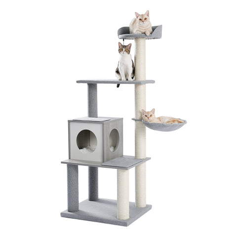 Modern Cat Tree Cat Tower with Scratching Posts, Cozy Condo, Soft Hammock and Top Perch, Dangling Ball for Small&Medium Cat Grey - TOYSHIP