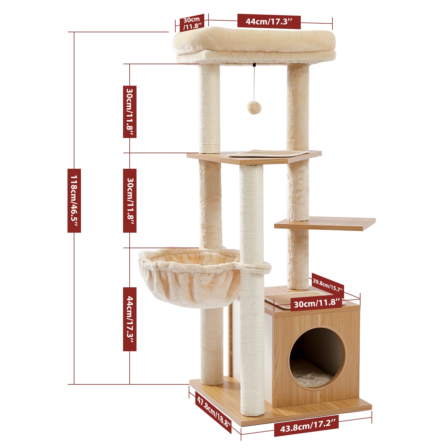 Multilevel Wood Cat Tree Cat Tower Cat Play House with Large Condo, Spacious Hammock, Cozy Top Perch and Dangling Balls for Indoor Cats - TOYSHIP