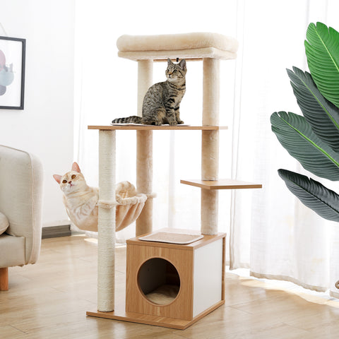 Multilevel Wood Cat Tree Cat Tower Cat Play House with Large Condo, Spacious Hammock, Cozy Top Perch and Dangling Balls for Indoor Cats