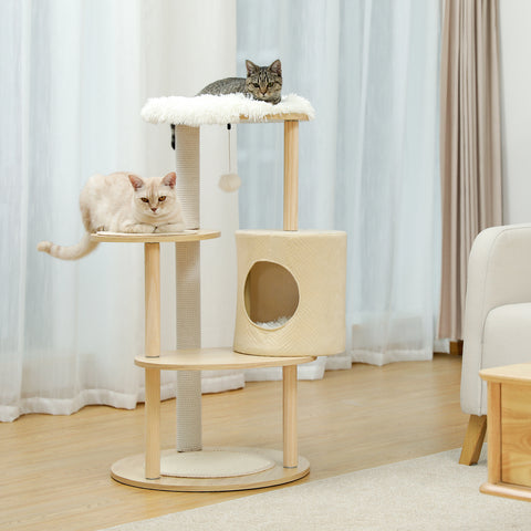 Modern Wood Cat Tree Cat Tower Cat Play House with Sisal Scratching Post, Cozy Condo, Removal Mats and Flush Cushions for Indoor Cats