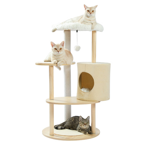 Modern Wood Cat Tree Cat Tower Cat Play House with Sisal Scratching Post, Cozy Condo, Removal Mats and Flush Cushions for Indoor Cats - TOYSHIP