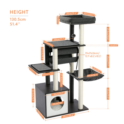 Grey Wooden Cat Tree Tower with 6 Levels, Scratching Posts, Condo, Perch, Hammock, and Tunnel for Indoor Cats - TOYSHIP