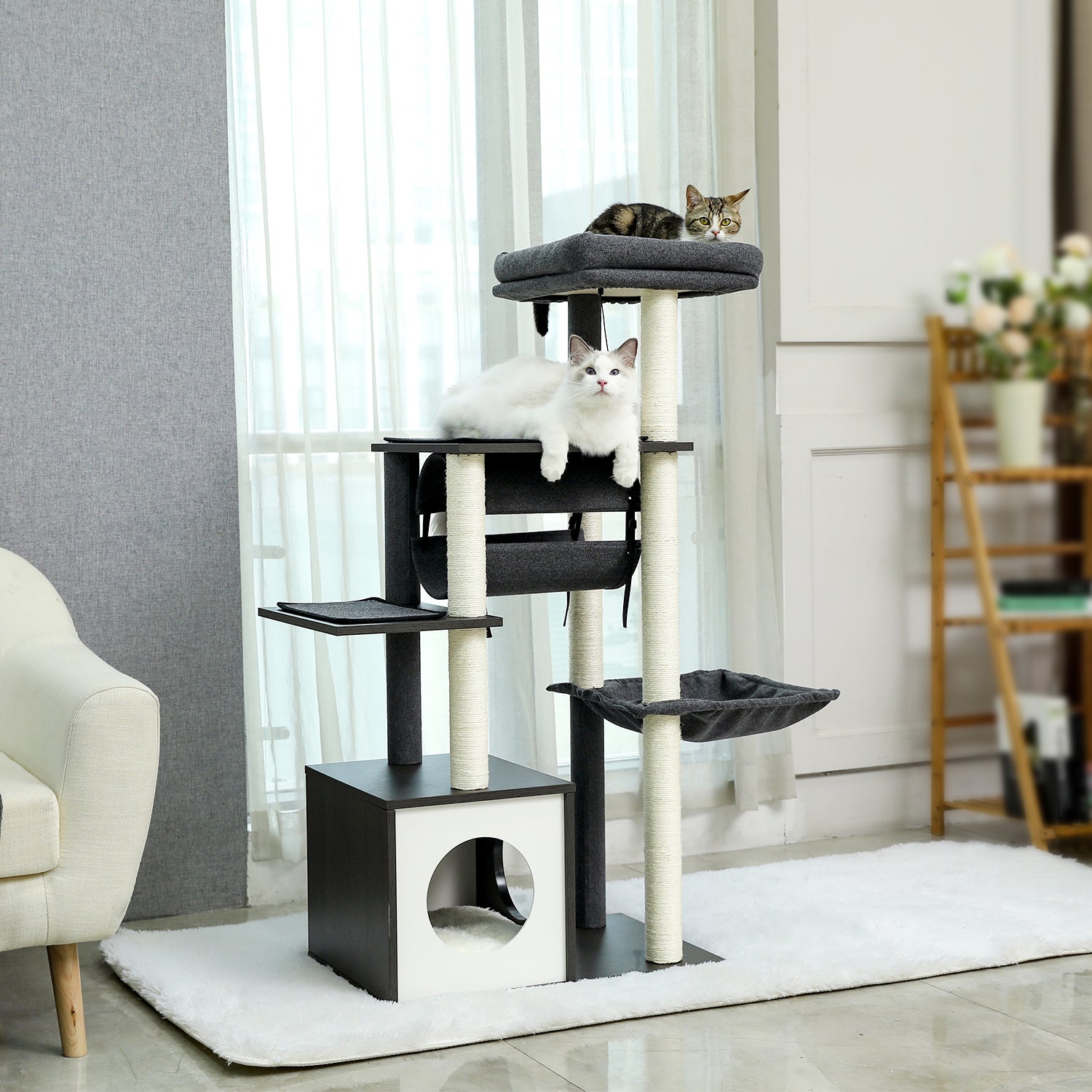 Grey Wooden Cat Tree Tower with 6 Levels, Scratching Posts, Condo, Perch, Hammock, and Tunnel for Indoor Cats