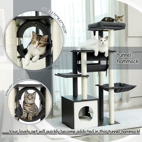 Grey Wooden Cat Tree Tower with 6 Levels, Scratching Posts, Condo, Perch, Hammock, and Tunnel for Indoor Cats