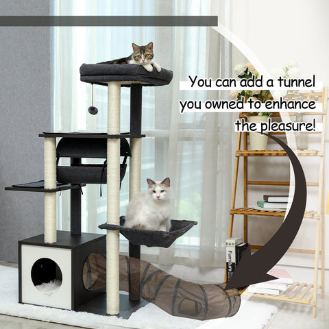 Grey Wooden Cat Tree Tower with 6 Levels, Scratching Posts, Condo, Perch, Hammock, and Tunnel for Indoor Cats - TOYSHIP