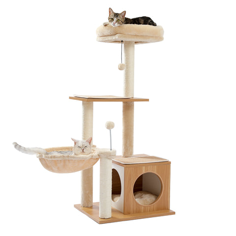 Multilevel Wooden Cat Tree Modern Cat Tower Cat Play House with Large Condo, Spacious Hammock, Cozy Top Perch and Dangling Balls - TOYSHIP