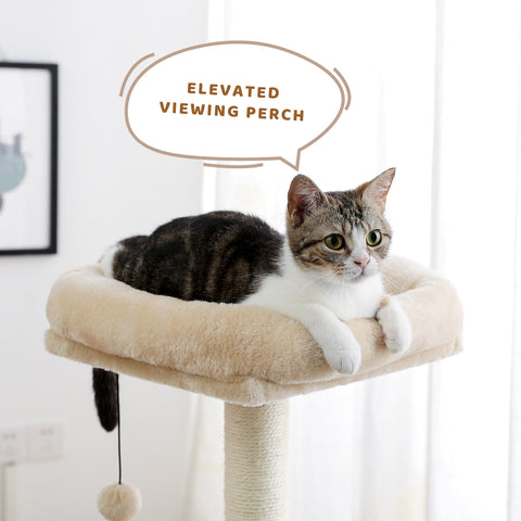 Multilevel Wooden Cat Tree Modern Cat Tower Cat Play House with Large Condo, Spacious Hammock, Cozy Top Perch and Dangling Balls
