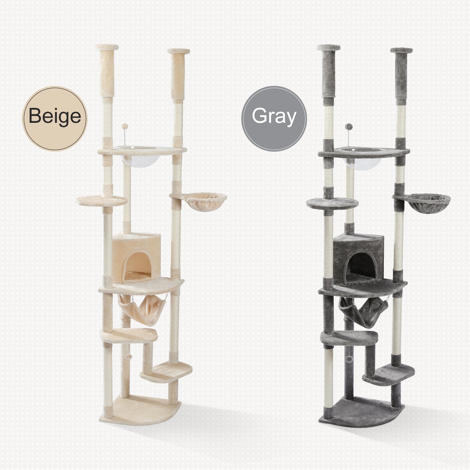Height-Adjustable Beige Floor-to-Ceiling Cat Tree Tower with Scratching Posts, Cozy Condo, Perches, and Large Hammock for Kitties - TOYSHIP