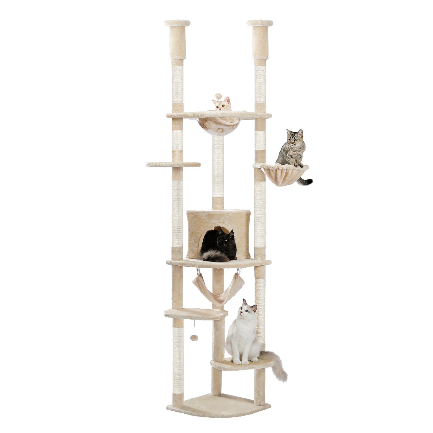 Height-Adjustable Beige Floor-to-Ceiling Cat Tree Tower with Scratching Posts, Cozy Condo, Perches, and Large Hammock for Kitties - TOYSHIP