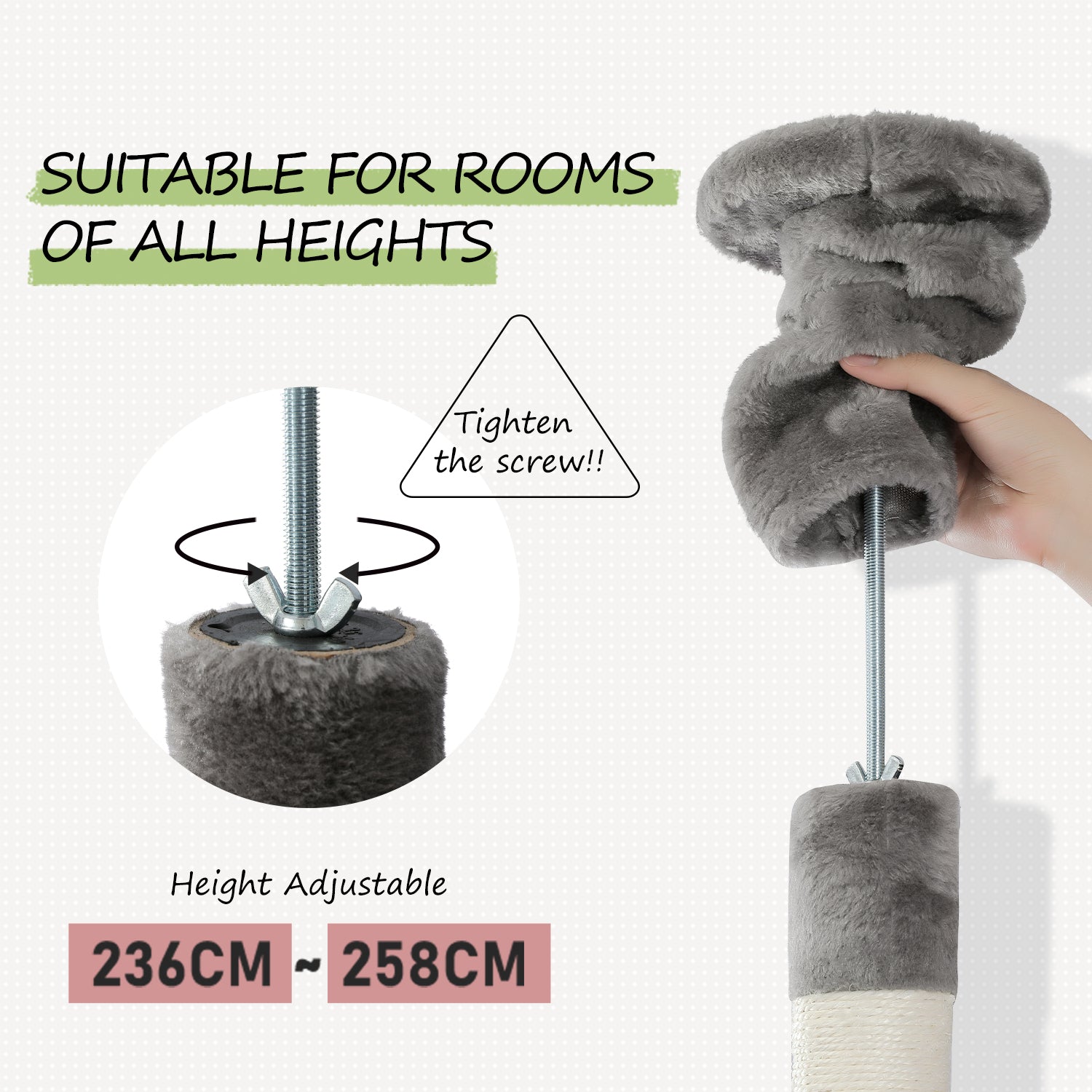 Floor to Ceiling Cat Tree Height Adjustable Cat Tower Tall Kitty Climbing Play House with Scratching Posts, Cozy Condo, Perches and Large Hammock Grey