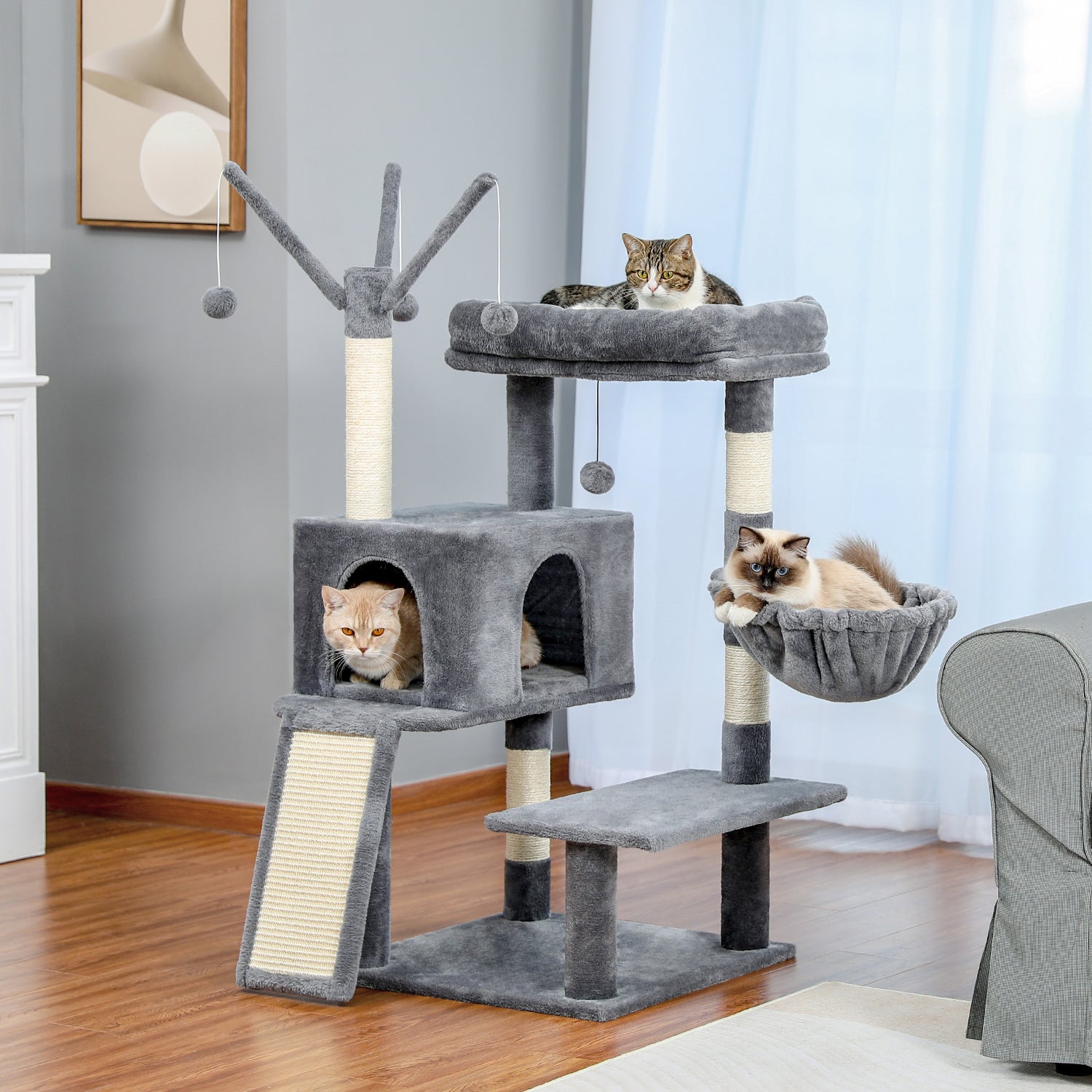 Modern Cat Tree Multi-Level Cat Tower for Large Cats with Spacious Condo, Cozy Hammock, Large Top Perch and Scratching Board for Big Cats