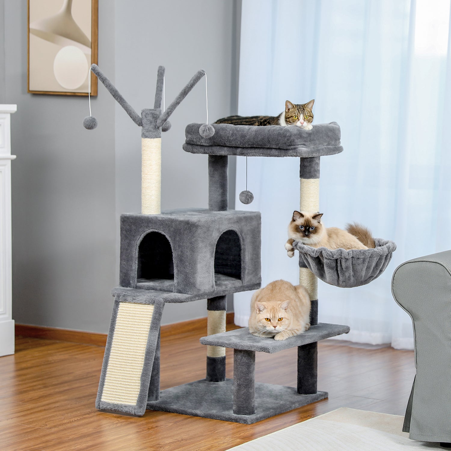 Modern Cat Tree Multi-Level Cat Tower for Large Cats with Spacious Condo, Cozy Hammock, Large Top Perch and Scratching Board for Big Cats - TOYSHIP