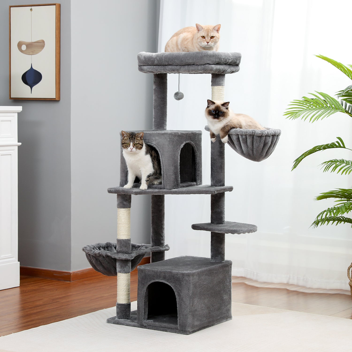 Modern Cat Tower Multilevel Cat Play House with Scratching Posts, Large Condo, Hammock, Cozy Top Perch Grey