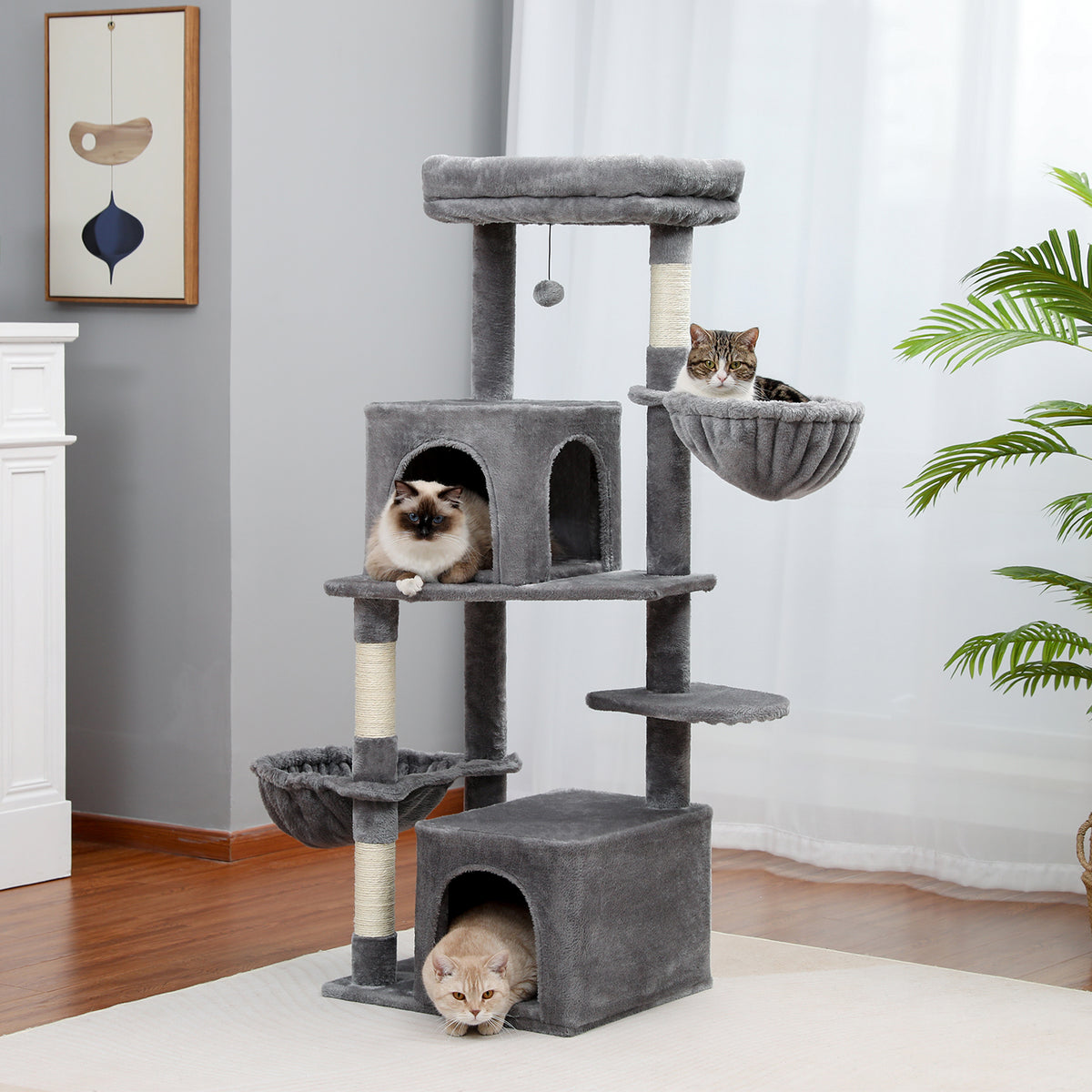 Modern Cat Tower Multilevel Cat Play House with Scratching Posts, Large Condo, Hammock, Cozy Top Perch Grey - TOYSHIP