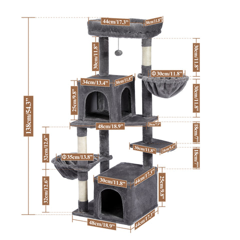 Modern Cat Tower Multilevel Cat Play House with Scratching Posts, Large Condo, Hammock, Cozy Top Perch Grey