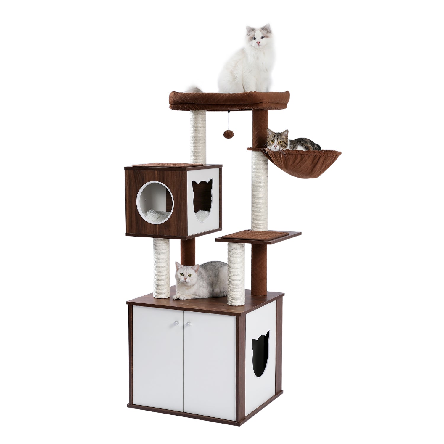 Brown All-in-One Cat Tree Tower with Multi-Functional Washroom Litter Box, Condo, Perch, Hammock, and Scratching Post for Cats - TOYSHIP