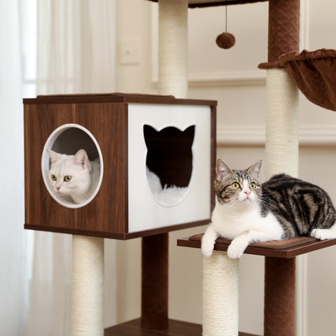 Brown All-in-One Cat Tree Tower with Multi-Functional Washroom Litter Box, Condo, Perch, Hammock, and Scratching Post for Cats - TOYSHIP