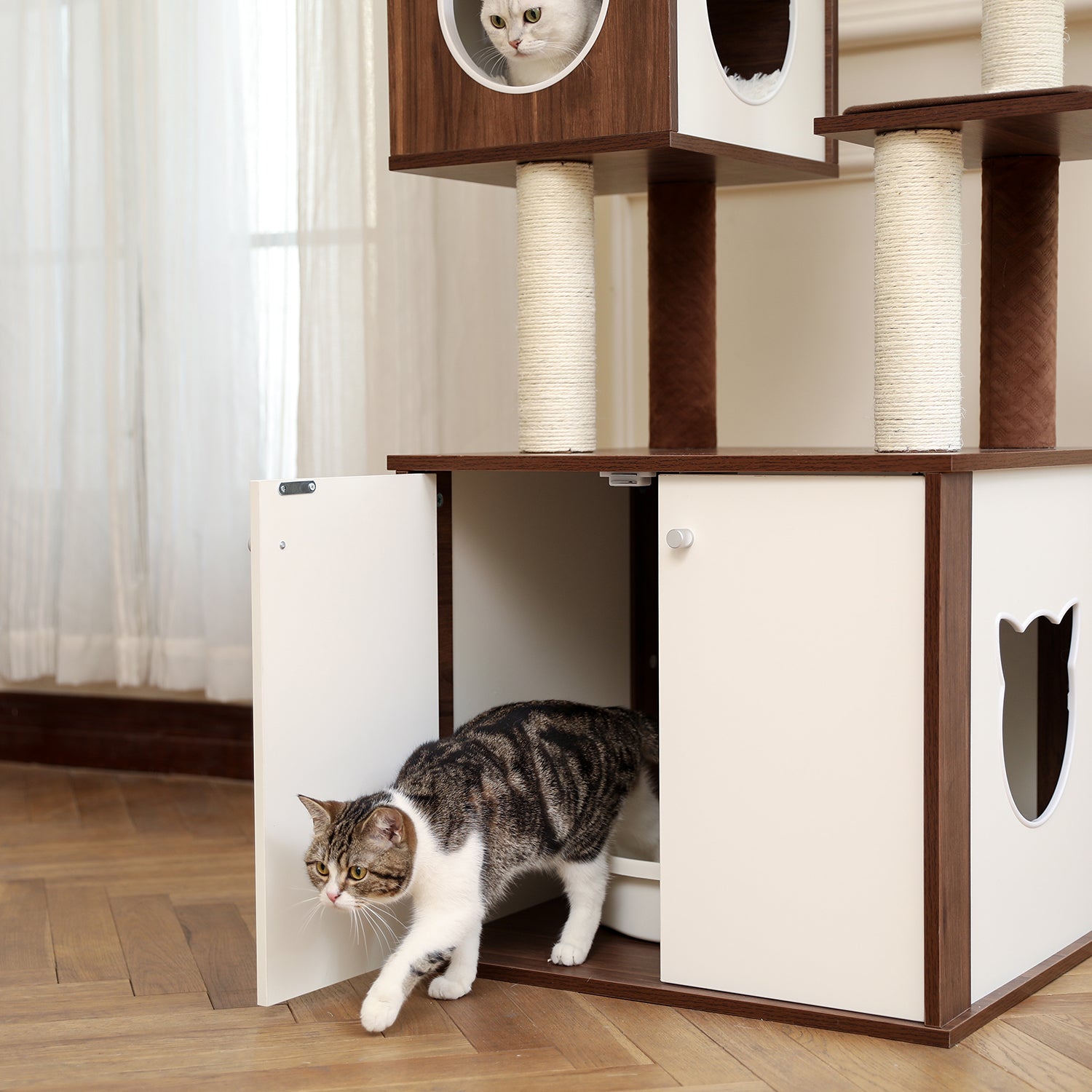 Brown All-in-One Cat Tree Tower with Multi-Functional Washroom Litter Box, Condo, Perch, Hammock, and Scratching Post for Cats
