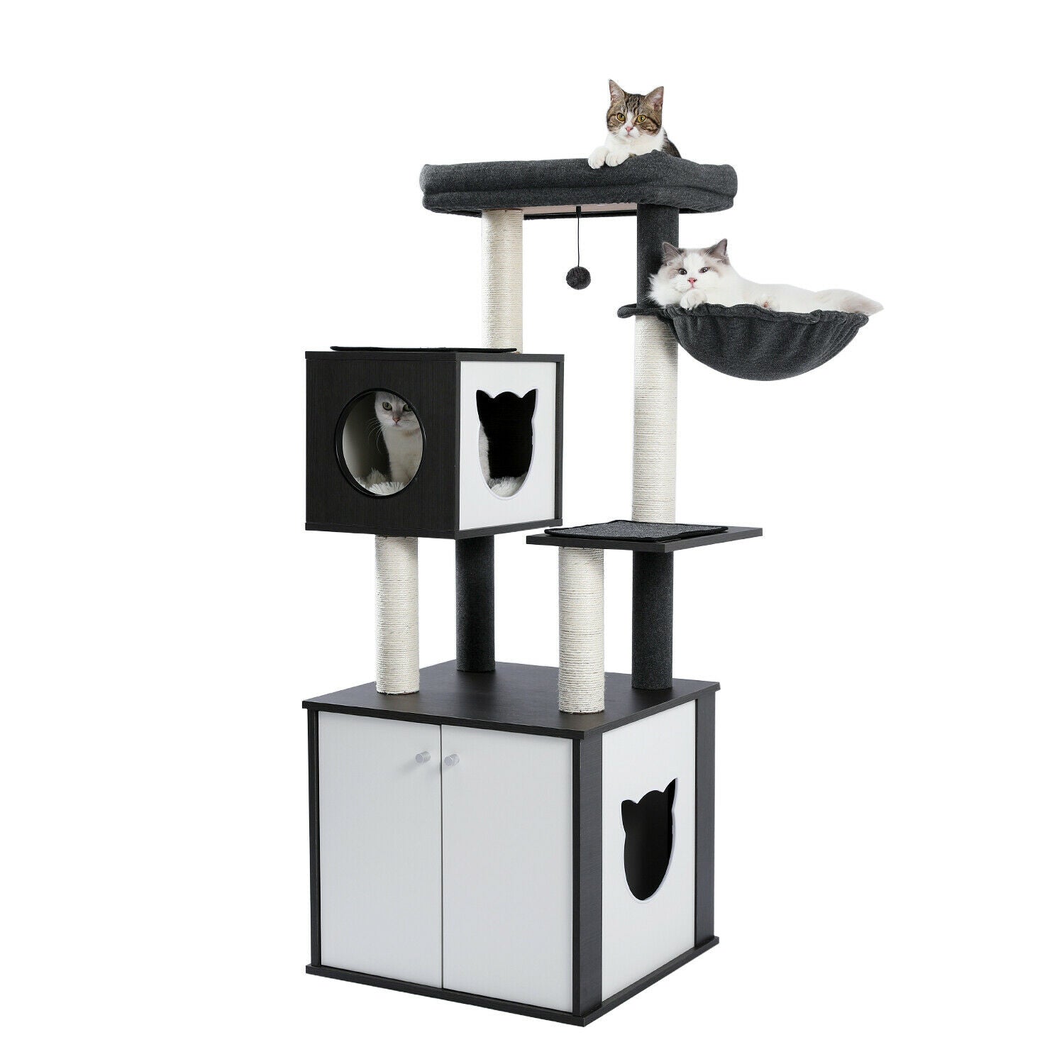 Modern Black All-in-One Cat Tree Tower with Multi-Functional Cat Litter Box House, Cat Condo, Hammock, and Scratching Post for Cats