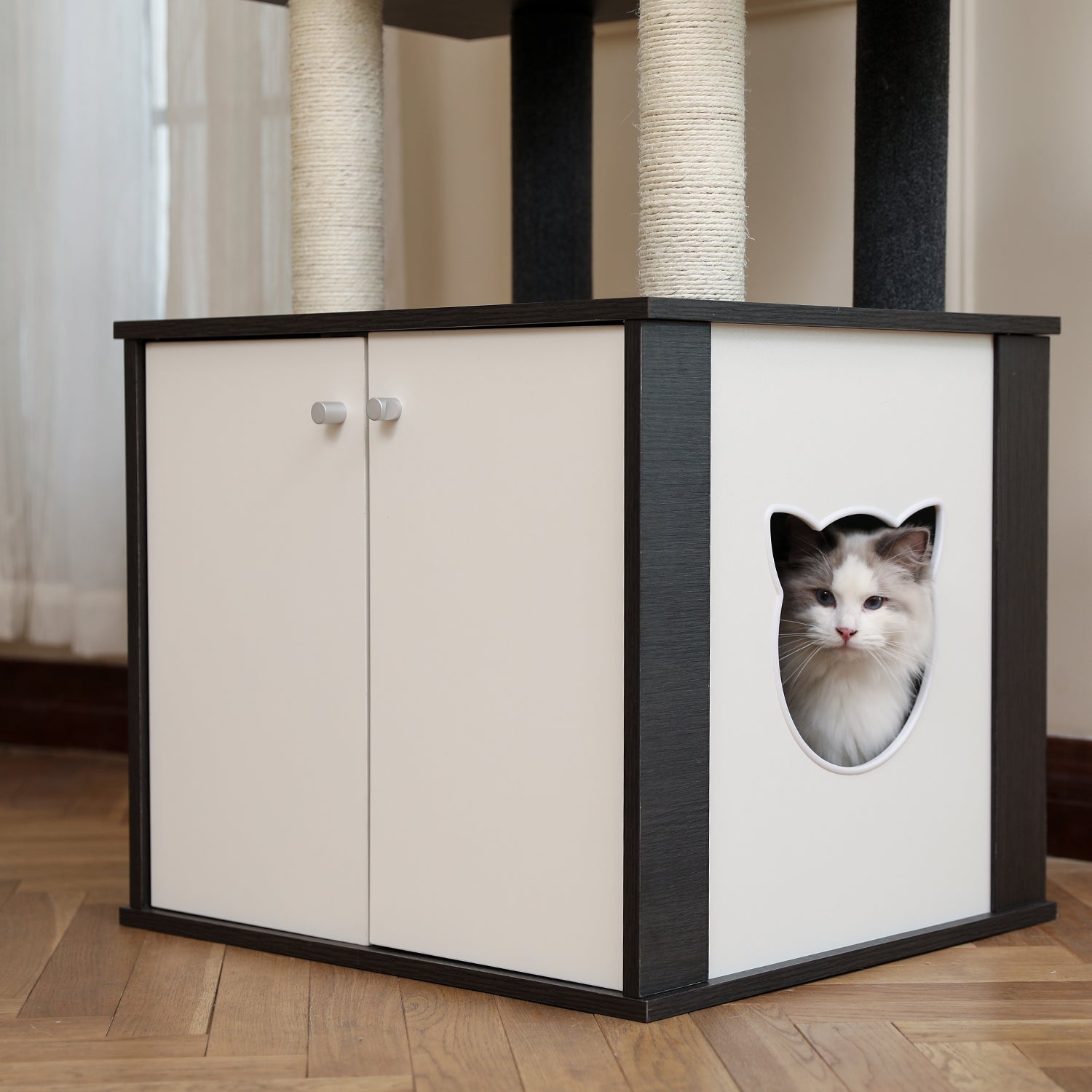 Modern Black All-in-One Cat Tree Tower with Multi-Functional Cat Litter Box House, Cat Condo, Hammock, and Scratching Post for Cats