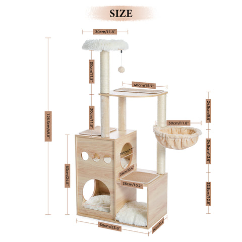 Modern Luxury Cat Tree Wooden Multi-Level Cat Tower Cat Sky Castle With 2 Cozy Condos, Cozy Perch, Spacious Hammock And Interactive Dangling Ball - TOYSHIP