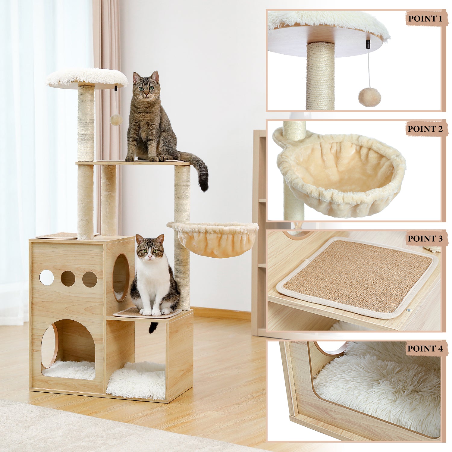 Modern Luxury Cat Tree Wooden Multi-Level Cat Tower Cat Sky Castle With 2 Cozy Condos, Cozy Perch, Spacious Hammock And Interactive Dangling Ball - TOYSHIP
