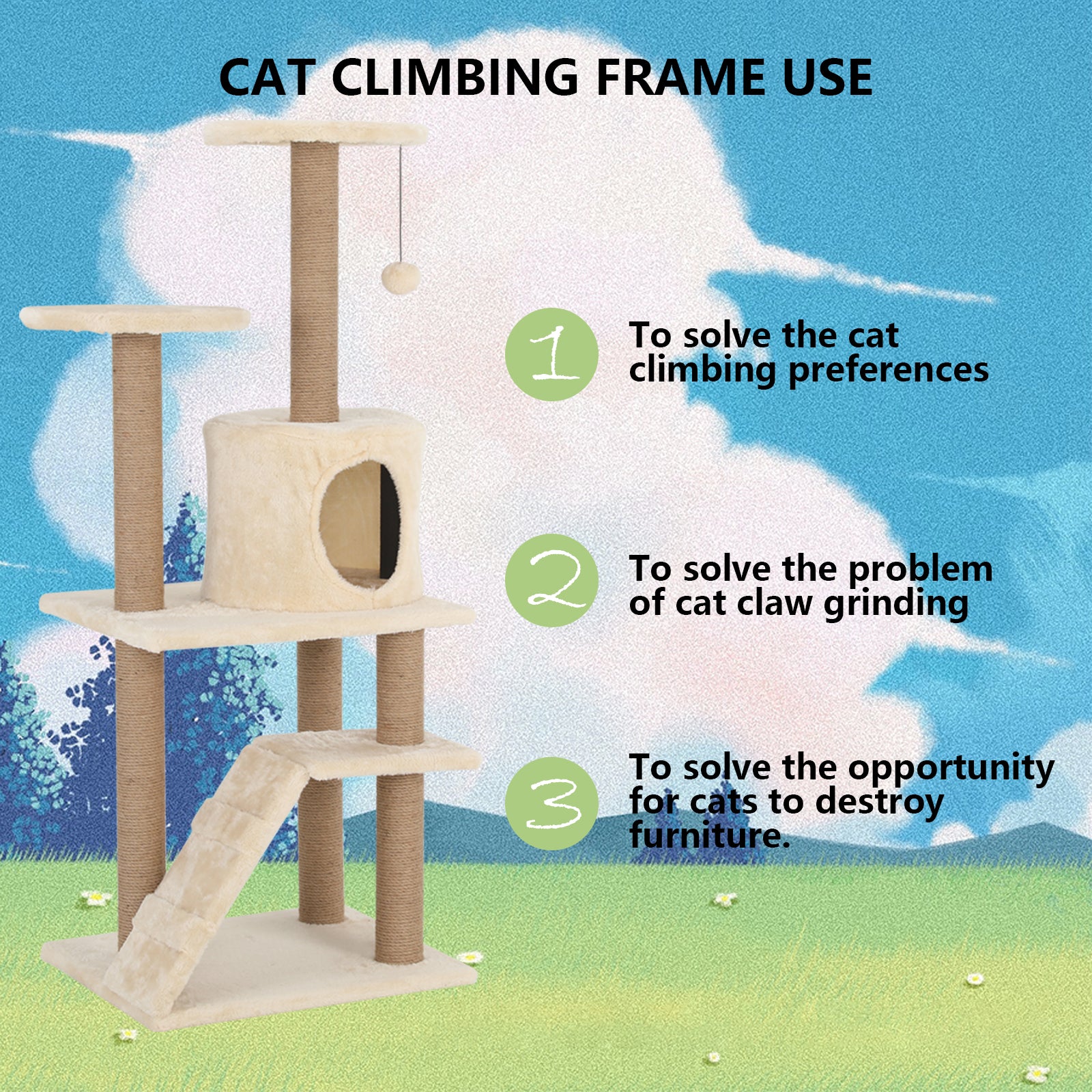 Light Brown Multi-Level Indoor Cat Tree with Scratching Post, Ladder, Toy, Hole, and Large Platform